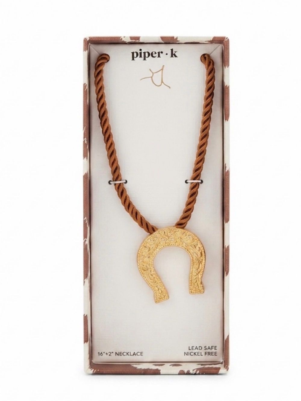NWT ⚜️🤎⚜️ PIPER K Golden Tone Horseshoe Brown Rope Cord Necklace